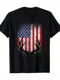 Deer Hunting American Flag Whitetail Buck Antlers Men's Cotton Short Sleeve Casual Round Neck Top Comfortable Stylish with Humorous graphic Black (Color: Black, size: L)